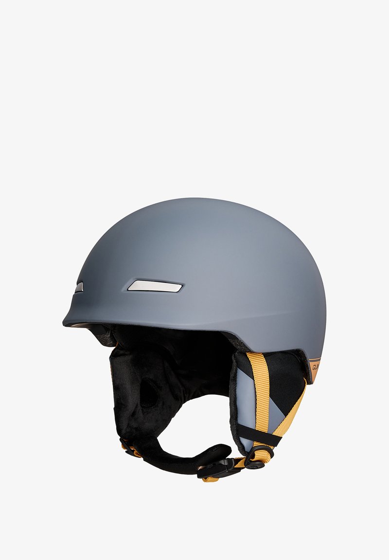 Casque de ski gris avec finition matte, deux bandes réfléchissantes à l'avant, intérieur noir doux et sangle de menton ajustable jaune.