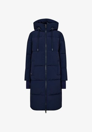 Marineblauer langer Puffer-Mantel mit Kapuze, vorderem Reißverschluss, Kordelzügen und Seitentaschen, entworfen für kaltes Wetter.