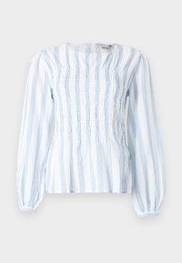 Blouse blanche à rayures verticales bleues, avec un corsage froncé, des manches larges et un col rond. Matière en coton doux.