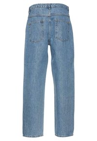 Light blue denim jeans with a straight leg design, featuring two back pockets and a waistband with belt loops. Standard stitching throughout.