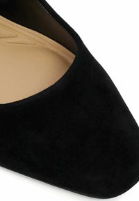 Black suede high heel shoe with a pointed toe and smooth interior lining. Features a sleek design and soft texture.
