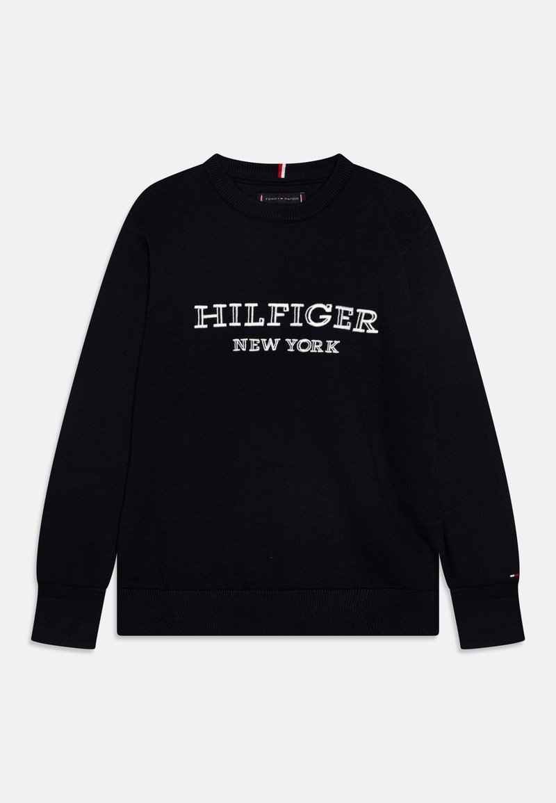 Pull noir à manches longues col rond avec texte blanc "Hilfiger New York" brodé sur le devant et poignets et ourlet côtelés.