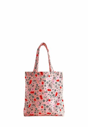 Blomstret tote bag i pink med røde kirsebær, sorte og pink blomster. Fremstillet af stof, med to robuste håndtag og et rummeligt design.