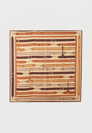 Silk scarf featuring a repeating pattern of stylized belts in shades of brown and orange, with gold-tone buckles and chain accents.