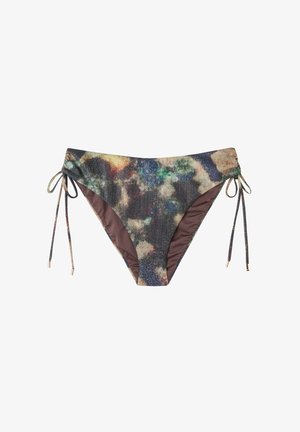 Bikini bottom with a multicolored abstract pattern and dark brown lining, featuring adjustable ties on the sides and gold-tone accents.