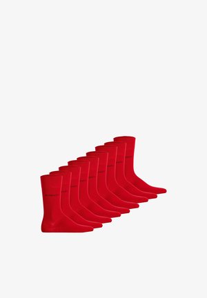 Zehn Paar rote mid-calf Socken, diagonal angeordnet, jeweils mit kleinem schwarzem Logo am Knöchel.