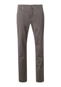 Pantaloni grigi realizzati in tessuto misto cotone, con un design a gamba dritta, tasche frontali e chiusura con bottone. Texture liscia con dettagli sottili.