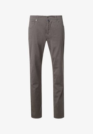 Graue Hosen aus Baumwollmischgewebe mit geradem Bein, Fronttaschen und Knopfverschluss. Glatte Textur mit dezenten Details.
