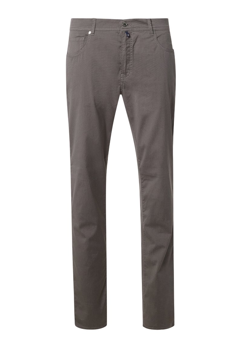 Pantaloni grigi realizzati in tessuto misto cotone, con un design a gamba dritta, tasche frontali e chiusura con bottone. Texture liscia con dettagli sottili.