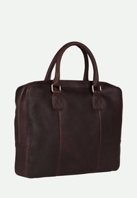 Braune Lederaktentasche mit zwei Oberhandgriffen, einem Reißverschluss und sichtbaren Nahtdetails. Sie verfügt über eine glatte Textur und ein minimalistisches Design.