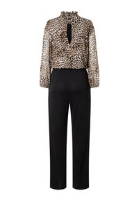 Long-sleeve jumpsuit with leopard print top featuring a keyhole back and solid black wide-leg pants.
