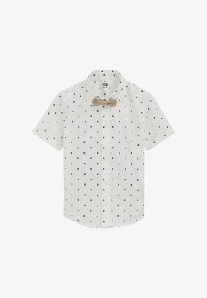 Cămașă albă cu mânecă scurtă, nasturi frontali, cu un model geometric negru mic și papion bej la guler, mărimea 122/128.