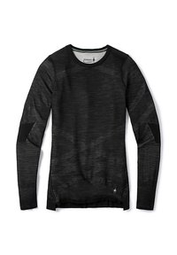Chemise à manches longues noire en matériau texturé, dotée d'un col rond, d'un tissu à motifs et de renforts au niveau des coudes.