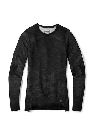 Chemise à manches longues noire en matériau texturé, dotée d'un col rond, d'un tissu à motifs et de renforts au niveau des coudes.