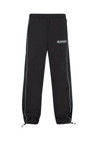 Pantalon de sport noir avec taille élastique, passepoil bleu clair sur le côté, cordons ajustables à la cheville et logo blanc "Kani Sport" sur la partie supérieure de la cuisse.