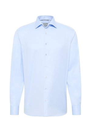 Chemise habillée à manches longues de couleur bleu clair avec un col pointu, un bouton devant et des poignets. Fabriquée en tissu lisse, elle présente un design uni.