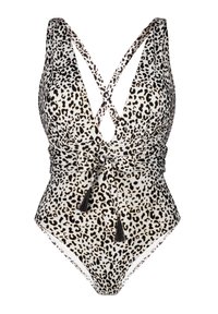 Jednoczęściowy kostium kąpielowy w cętki lamparcie w czerni i bieli. Posiada głęboki dekolt w kształcie litery V, krzyżujące się ramiączka, pasek w talii i frędzle.