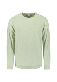 Lichtgroene longsleeve trui. Gelaagd weefsel, ronde halslijn, geribde manchetten en onderrand. Eenvoudig ontwerp zonder zichtbare patronen of accenten.