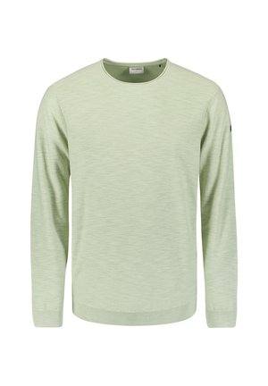 Lichtgroene longsleeve trui. Gelaagd weefsel, ronde halslijn, geribde manchetten en onderrand. Eenvoudig ontwerp zonder zichtbare patronen of accenten.