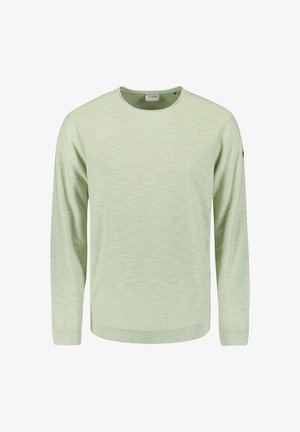Lichtgroene longsleeve trui. Gelaagd weefsel, ronde halslijn, geribde manchetten en onderrand. Eenvoudig ontwerp zonder zichtbare patronen of accenten.