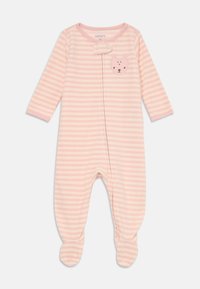 Combinaison pour bébé rayée rose pâle avec manches longues, design avec pieds et une application en forme de visage d'ours sur la poitrine. Tissu doux, fermeture à pressions.