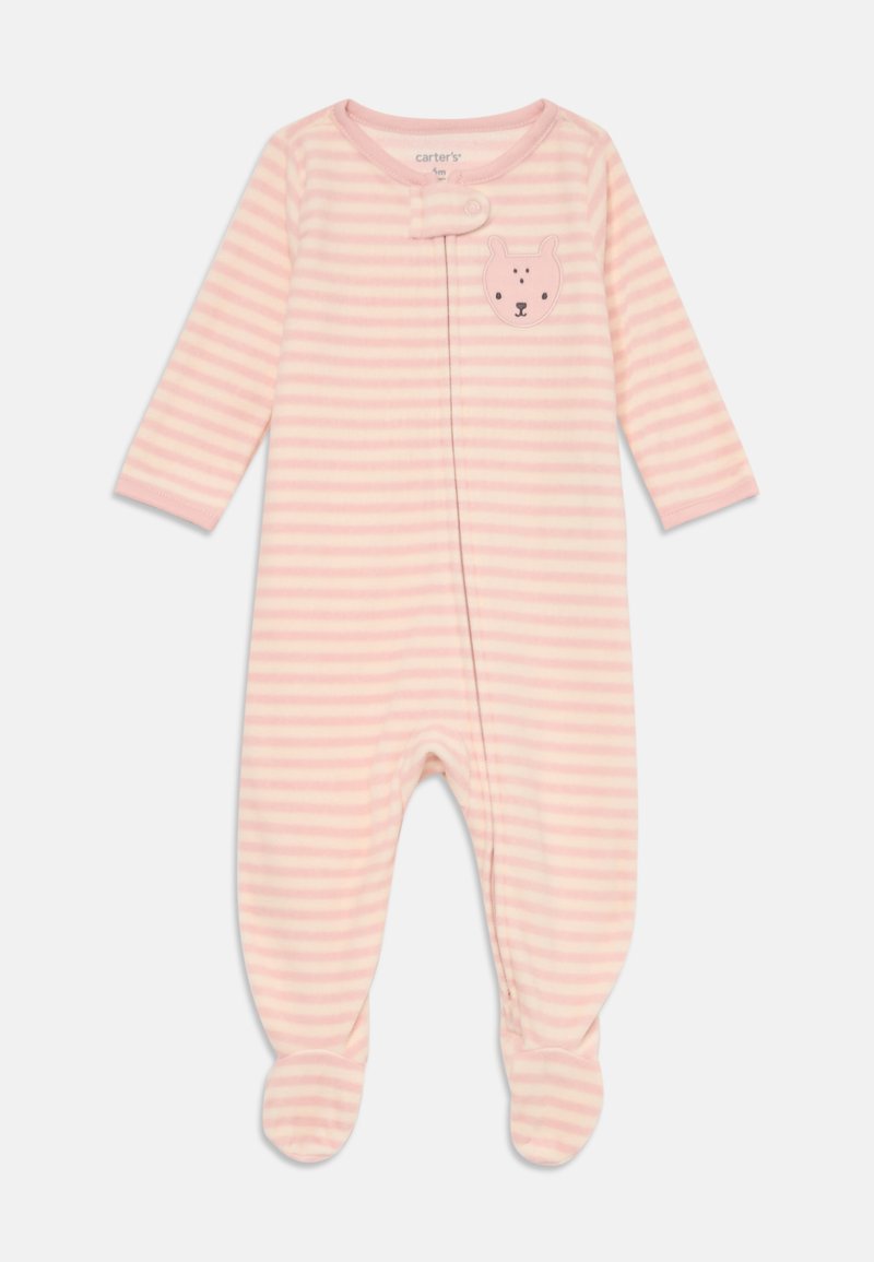 Combinaison pour bébé rayée rose pâle avec manches longues, design avec pieds et une application en forme de visage d'ours sur la poitrine. Tissu doux, fermeture à pressions.