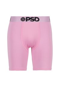 Boxer da uomo rosa con pannello anteriore in mesh traspirante e fascia in vita color lavanda con logo PSD nero.