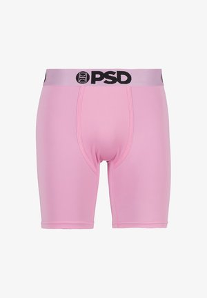 Pink men's boxer briefs with breathable mesh front panel and a lavender waistband featuring black PSD logo.