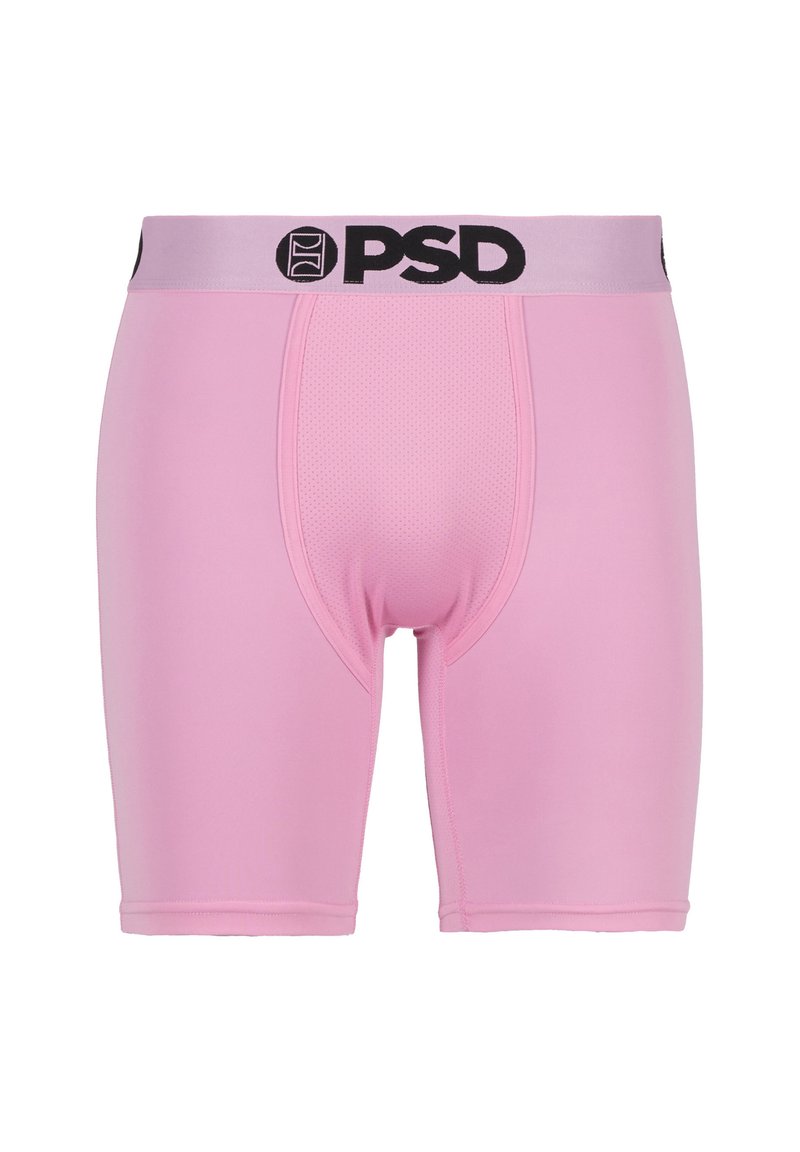 Boxer da uomo rosa con pannello anteriore in mesh traspirante e fascia in vita color lavanda con logo PSD nero.