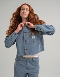 Giacca di jeans a righe con bottoni marroni, con accenti verdi. Design corto, abbinata a pantaloni coordinati. Vestibilità casual, tasche visibili.