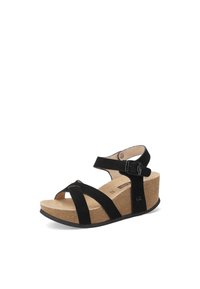 Sandali wedges neri realizzati in materiale morbido con suola in sughero, dotati di cinturini incrociati e fibbia regolabile alla caviglia.