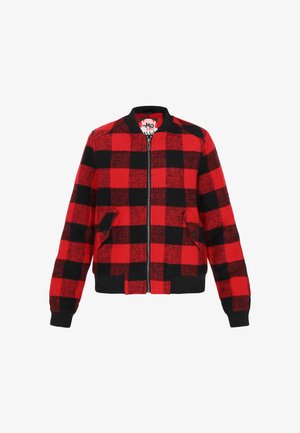 Jachetă bomber cu carouri roșii și negre, cu fermoar frontal, manșete ribbate și două buzunare frontale. Fabricată dintr-un material texturat.