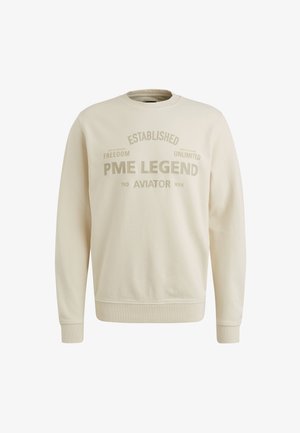 Crème-kleurige sweatshirt gemaakt van zacht materiaal, met een ronde hals en ribgebreide manchetten. Aan de voorkant staat bedrukte tekst in een subtiel, ton-sur-ton ontwerp.