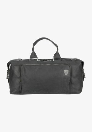 Schwarze Ledertasche mit zwei oberen Griffen, einem Reißverschluss-Hauptfach und einer Fronttasche. Mit silbernem Beschlag und einem Logopatch.