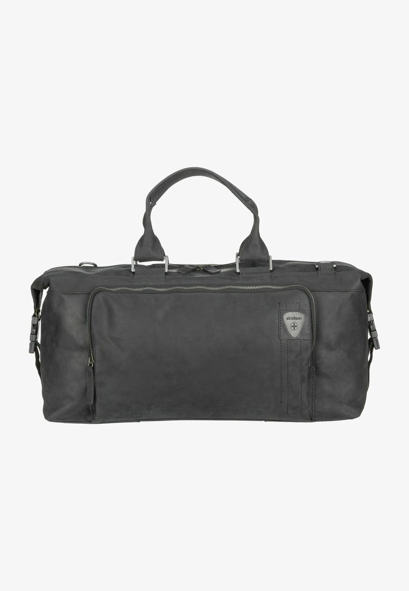 Črna usnjena potovalna torba z dvema ročajema na vrhu, z zip zapiranjem glavnega predala in sprednjim žepom. Ima srebrno kovinsko opremo in oznako z logotipom.