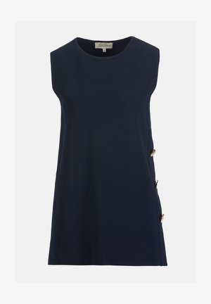 Ujjatlan tengerészkék felső kerek nyakkivágással és három arany gombbal a jobb oldali varrás mentén, méret: kicsi.