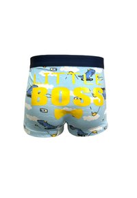 Boxer shorts pour enfants en tissu bleu clair avec des motifs de nuages et de dinosaures. Comprend un texte jaune "PETIT PATRON" et un graphique de nœud papillon.