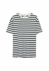 Stribet t-shirt med korte ærmer i off-white og marineblå. Blødt bomuldsstof med en afslappet pasform. Rund hals og lige søm.