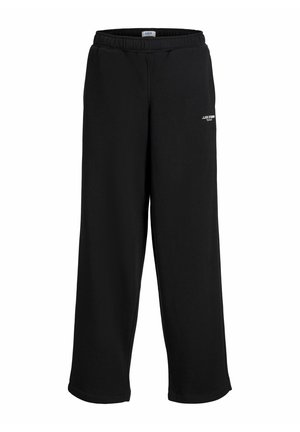 Pantalon de jogging noir à jambes larges avec taille élastique et petit logo blanc JJJX Studio sur le haut de la cuisse.