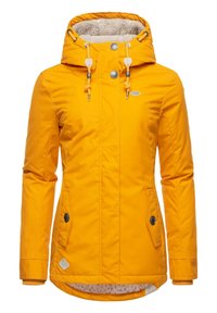 Yellow insulated jacket with a hood, featuring a fleece lining, two side pockets, and black button accents. Smooth outer material.