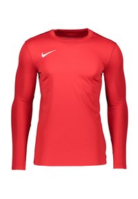 Rotes Langarm-Athletikshirt aus glattem Material, mit Rundhals, enganliegendem Design und einem weißen Nike-Logo auf der linken Brust.