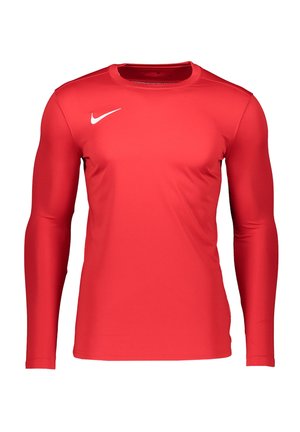 Rotes Langarm-Athletikshirt aus glattem Material, mit Rundhals, enganliegendem Design und einem weißen Nike-Logo auf der linken Brust.