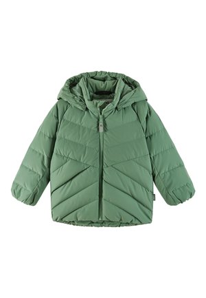 Giacca imbottita verde con cappuccio, dotata di chiusura con zip, motivo a zigzag e orlo e polsini elasticizzati per una vestibilità comoda.