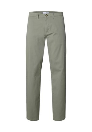 Gaiši pelēki zaļas chinos bikses ar taisnu kāju dizainu, izgatavotas no kokvilnas, ar priekšējo pogu aizdari un piecām standarta kabatām.