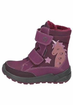 Lila wasserfeste Stiefel mit zwei Klettverschlussriemen, ausgestattet mit einem Einhorn- und Sternmuster, Textil-Obermaterial und Gummisohle mit Traction.