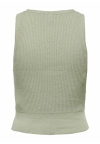 Débardeur côtelé sans manches en vert clair, avec un col rond et une coupe ajustée. Le matériau est texturé avec un léger élasticité.
