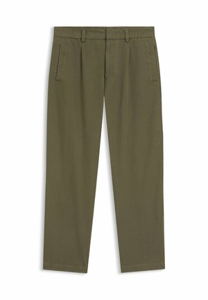 Pantaloni da uomo verde oliva a taglio slim con passanti per cintura, tasche laterali con spacco e pieghe frontali, mostrati distesi su uno sfondo bianco.