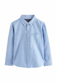 Lichtblauwe button-up blouse met lange mouwen, één borstzak en een klassieke kraag. Het materiaal lijkt zacht en iets gegolfd.