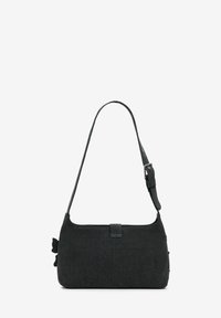 Black fabric shoulder bag with a smooth texture, adjustable strap, and a bow detail on the side, featuring a simple, rectangular shape.