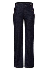 Pantaloni in denim blu scuro con taglio dritto, caratterizzati da dettagli con bottoni dorati sui lati e cuciture a contrasto.